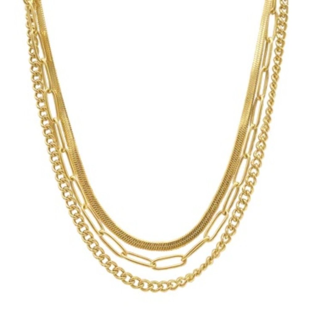 Adornia Gold Curb Chain, Paper Clip Chain, And Herringbone Chain Necklace Set